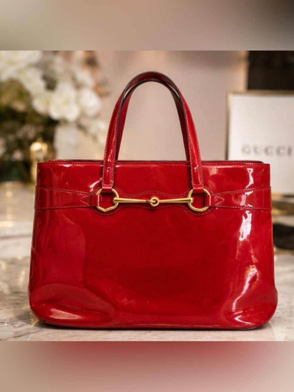 Gucci Horsebit Red Patent Leather Satchel Tote - China Exclusive Gold Hardware